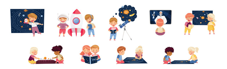 Boy and Girl Character Study Space and Galaxy Examine Solar System Vector Set © Happypictures