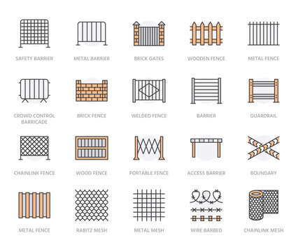 Fence flat line icons set. Wood fencing, metal profiled sheet, wire mesh, crowd control barricades vector illustrations. Outline signs for protection store. Orange color, Editable Strokes