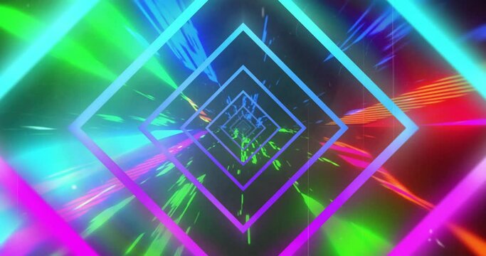 Animation of concentric blue and purple neon diamonds over brightly coloured lights