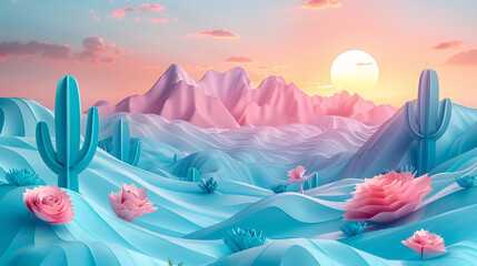 Fototapeta na wymiar Paper art Desert landscape with cacti and mountains.