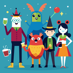 Quirky characters attending a costume party. vektor illustation