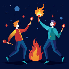 Street performers juggling fire at night. vektor illustation