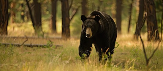 A large black bear is seen walking through the dense forest of Kaibab National Forest in Tusayan, Arizona. The bears majestic presence is highlighted as it moves gracefully through its natural habitat
