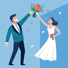 A wedding guest catching the bride's bouquet. vektor illustation