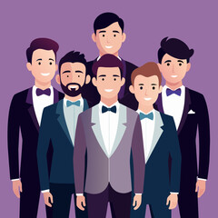 A groomsmen's group photo with the groom. vektor illustation