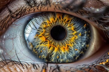 Macro photo of a human iris revealing intricate patterns and the unique coloration of the eye - obrazy, fototapety, plakaty