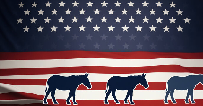 An abstract political concept featuring the mascots of the Democratic and Republican parties, symbolizing choice and patriotism.