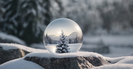 A glass ball on the snow in which the Christmas tree is reflected. Winter scene. - Powered by Adobe