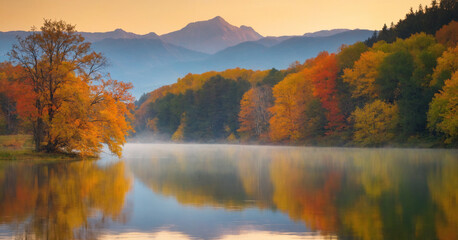 Fototapeta premium A stunning autumn landscape with vibrant foliage reflecting on a peaceful lake.