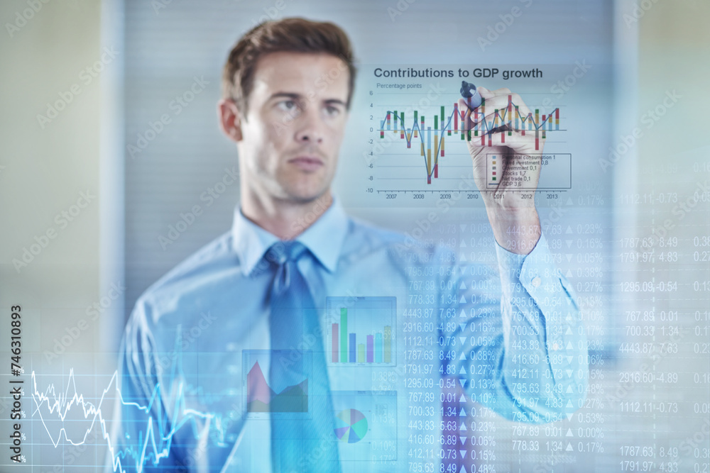 Poster businessman, planning and writing with data on board or marker on glass with strategy for future eco