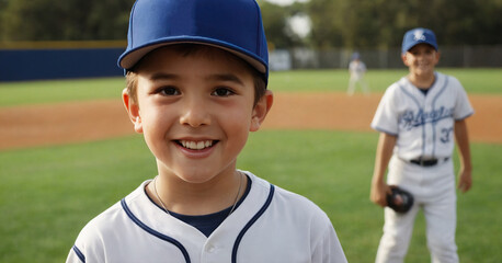 A young boy wearing a baseball cap smiles while playing on a tee-ball team, radiating joy and enthusiasm for the sport.
