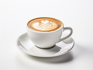 cappuccino with detailed rosetta latte art, served in a modern white cup and saucer, highlighted against a pristine white background.