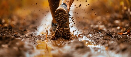 A detailed close-up view of a persons feet covered in thick, brown mud, showcasing the challenges faced during a thrilling mud race. The individuals endurance is tested as they navigate the muddy