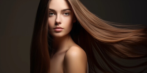 Long Healthy Straight Hair. Skin natural beauty, smooth skin for Care and hair products. Model girl, woman.