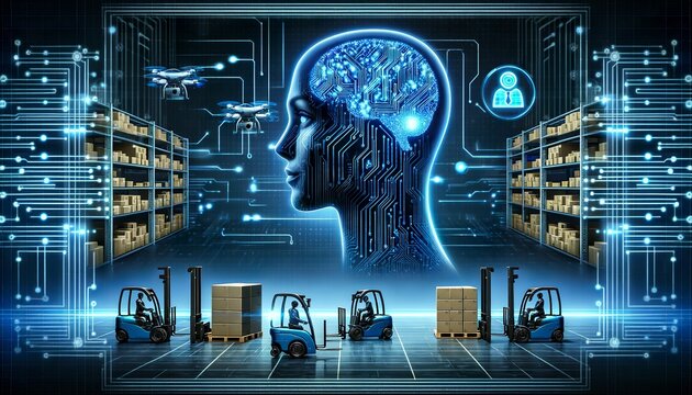 A digital human brain silhouette oversees a futuristic warehouse with autonomous drones and forklifts, representing the integration of AI and logistics.AI generated.