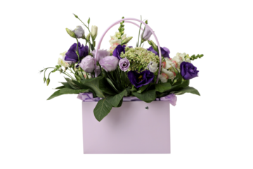 PNG, a bouquet of flowers in a gift bag, isolated on a white background.