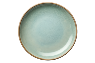 Blue Plate With Brown Rim. A round blue plate with a brown rim is elegant visual contrast. The plate is the focal point, showcasing its unique color combination. On PNG Transparent Clear Background.