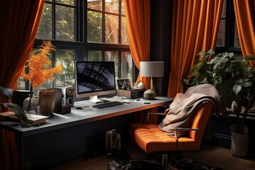 Elegant Home Office with Warm Autumnal Accents. 