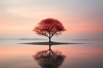 Isolated Vibrant Tree Reflecting on Calm Lake. 