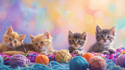 group of playful kitten friends romping and tumbling amidst colorful yarn balls and toys as a charming poster for kids' bedrooms. - obrazy, fototapety, plakaty