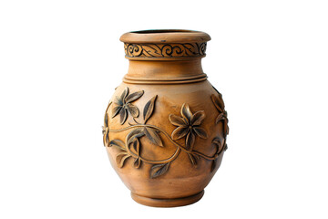 Brown Vase With Floral Design. A brown vase with a delicate floral design, showcasing intricate patterns of flowers and leaves. On PNG Transparent Clear Background.