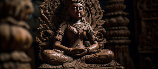 Wooden sculpture of woman in lotus position, a spiritual artifact