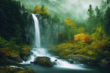 Autumn landscape of a tall waterfall in an alpine forest. Foggy day.