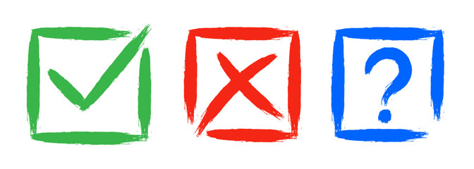 Dirty grunge cross x, tick OK and question check marks in check boxes, hand drawn with brush strokes vector illustration isolated on white background. Question mark, symbol NO, YES web button for vote