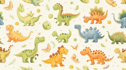Foto op geborsteld aluminium Draak Seamless repeat pattern of cartoon dinosaurs, featuring a collection of cute and adorable dino doodles, perfect for children's fabric and wallpapers, AI Generative