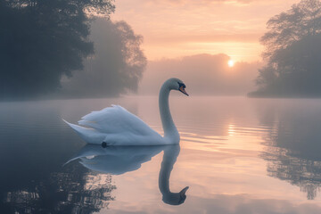 Serene lakeside at dawn, mist hovering over the water, a lone swan gliding, Mood of peace and tranquility, Morning light casting gentle hues, lakeside, dawn, AI Generative