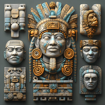 Sculptural Bas-Reliefs Of The Most Ancient Civilization.  Illustration On The Theme Of Civilizations And Computer Games, History And Archaeology. Generative AI	

