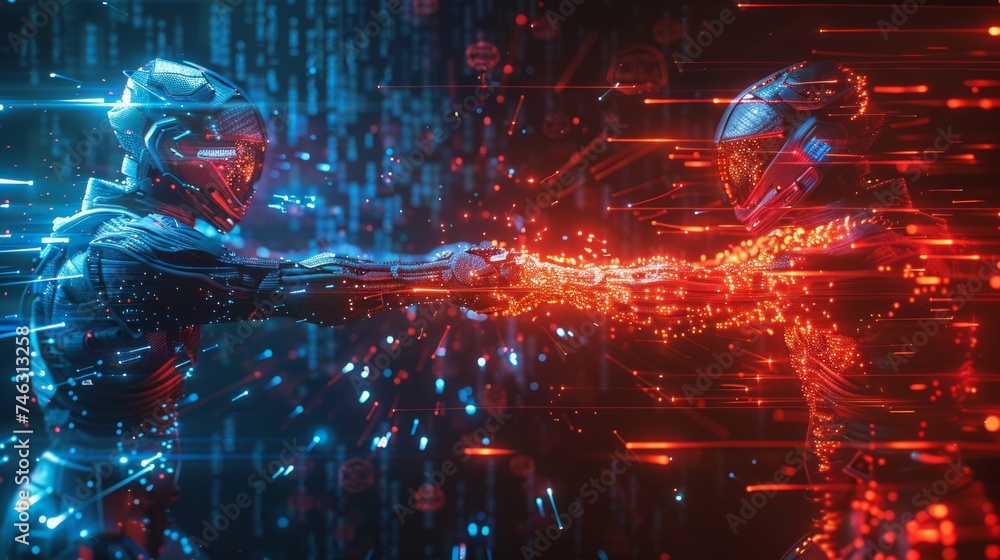 Poster visualization of blue and red hacker teams in a cyber security showdown, defending against network b