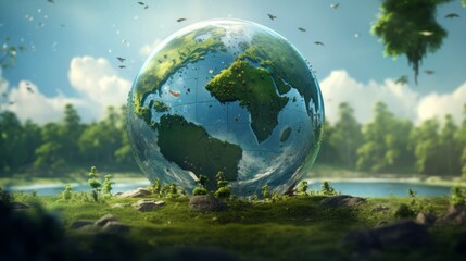 crystal globe resting on moss in a forest - environment concept
