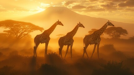 Fototapeta na wymiar Three giraffes gracefully standing with the majestic Mount Kilimanjaro in the backdrop, the iconic African landscape bathed in the golden light of dawn, AI Generative