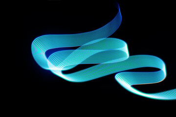Blue turquoise neon curved wave of light as curls, spiral or swirl with smooth dotted stripes on black background. Abstract background with motion light effect, light painting in holiday style.