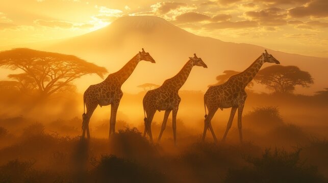 Three giraffes gracefully standing with the majestic Mount Kilimanjaro in the backdrop, the iconic African landscape bathed in the golden light of dawn, AI Generative