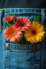 Fresh gerbera flowers in denim pocket. Macro shot with copy space.