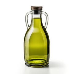 A traditional glass carafe, filled with golden olive oil, sealed with a cork stopper, emphasizing the oil's rich, natural essence.