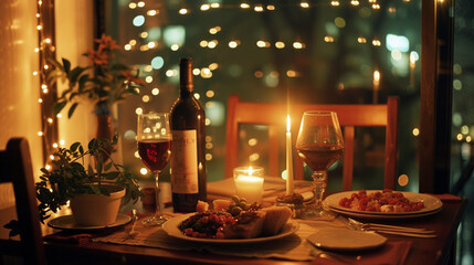 Fototapeta na wymiar Whispers in the Candlelight: Candlelit Dinner Date with Wine, generative AI