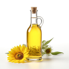 Sunflower Oil Bottle with Blossom, tall bottle of sunflower oil adorned with a sunflower blossom and leaves, symbolizing the oil's natural origins.