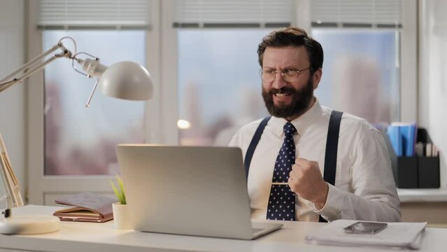 Delight, joy, success emotion concept. Enthusiastic male office worker rejoices at successful work. Office worker completed official task