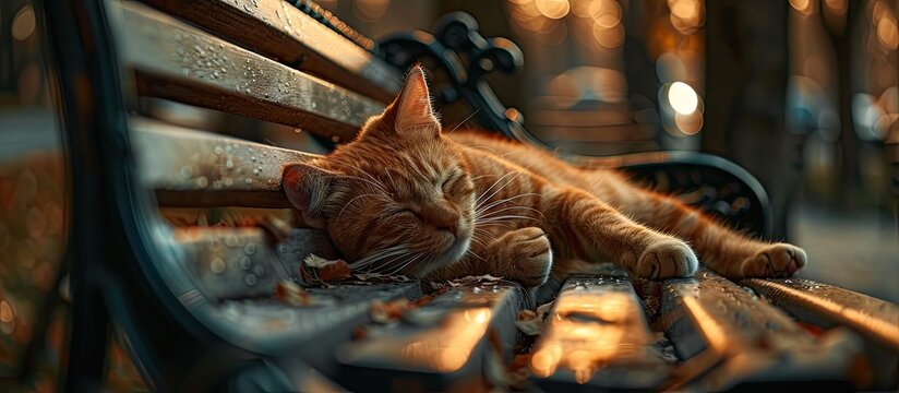 A cute cat is peacefully sleeping on a park bench, enjoying a moment of relaxation under the sun. The cozy bench provides a perfect spot for the cats nap. - Powered by Adobe