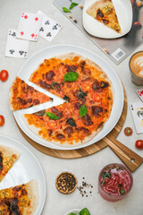 tasty cheese pizza in white plate from top view