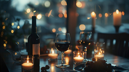 Enchanting Evening: Romantic Candlelit Dinner with Wine, generative AI