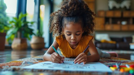 Young girl coloring with pencils on floor. - obrazy, fototapety, plakaty