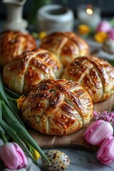 Obraz na płótnie Canvas Freshly baked sweet buns on wooden board with tulips on dark background.