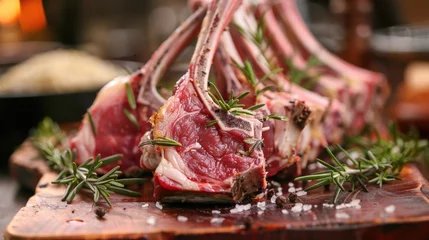 Foto auf Acrylglas Grilled lamb chops on wooden cutting board. © Julia Jones