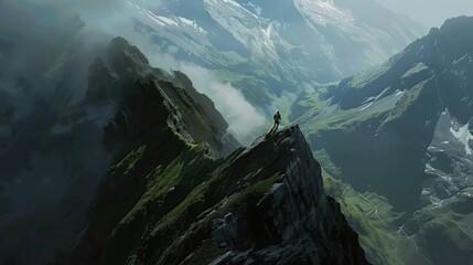 A climber is ascending towards the summit, navigating a mountain path surrounded by breathtaking views. - obrazy, fototapety, plakaty