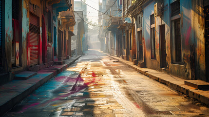 An empty street is bathed in the soft light of morning, its surface adorned with vibrant colors from the Holi festival, exuding a serene post-celebration atmosphere.  generative ai