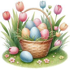 Obraz na płótnie Canvas Easter flower basket easter eggs Watercolor